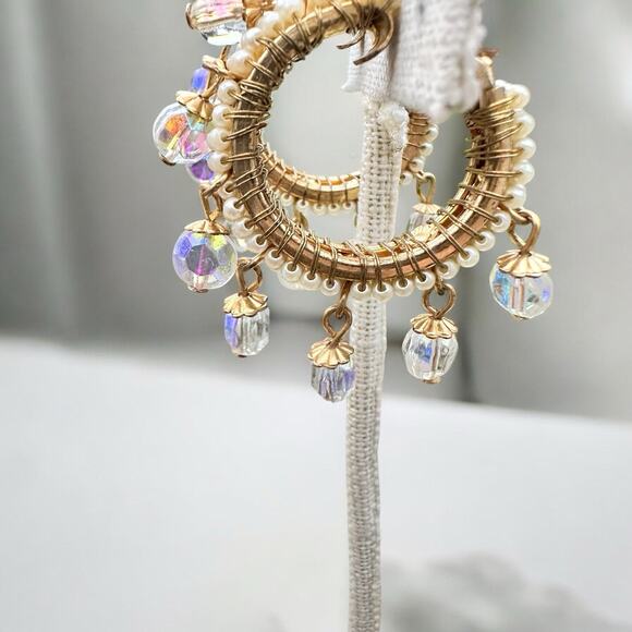 Vintage Miriam Haskell Hoop Earrings Faux Pearls & AB Crystal Drops 1969s Hoops - Picture 8 of 10